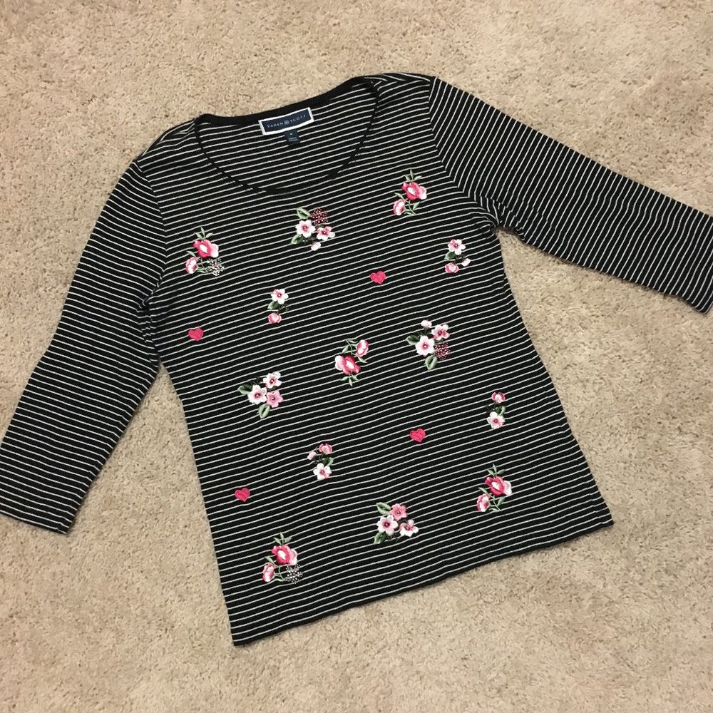 Karen Scott Pinstripe Cotton Jersey Long Sleeve Tee Floral Embroidered French Gi - Picture 11 of 15